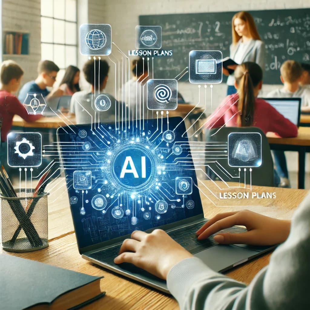 DALL·E 2025-02-23 16.34.58 - A modern classroom setting where a teacher is using a laptop with AI-generated lesson plans displayed on the screen. The background features students